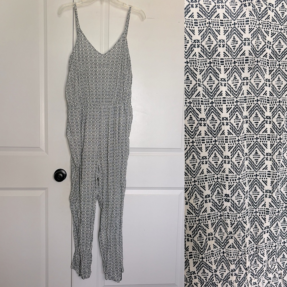 Zara Navy White Print Sleeveless Cami Elastic Waist Cuff Leg Jumpsuit M